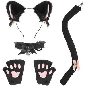 Halloween Plush Cat Animal Costume Set Ears, Paw Gloves, Choker, Headband & Tail